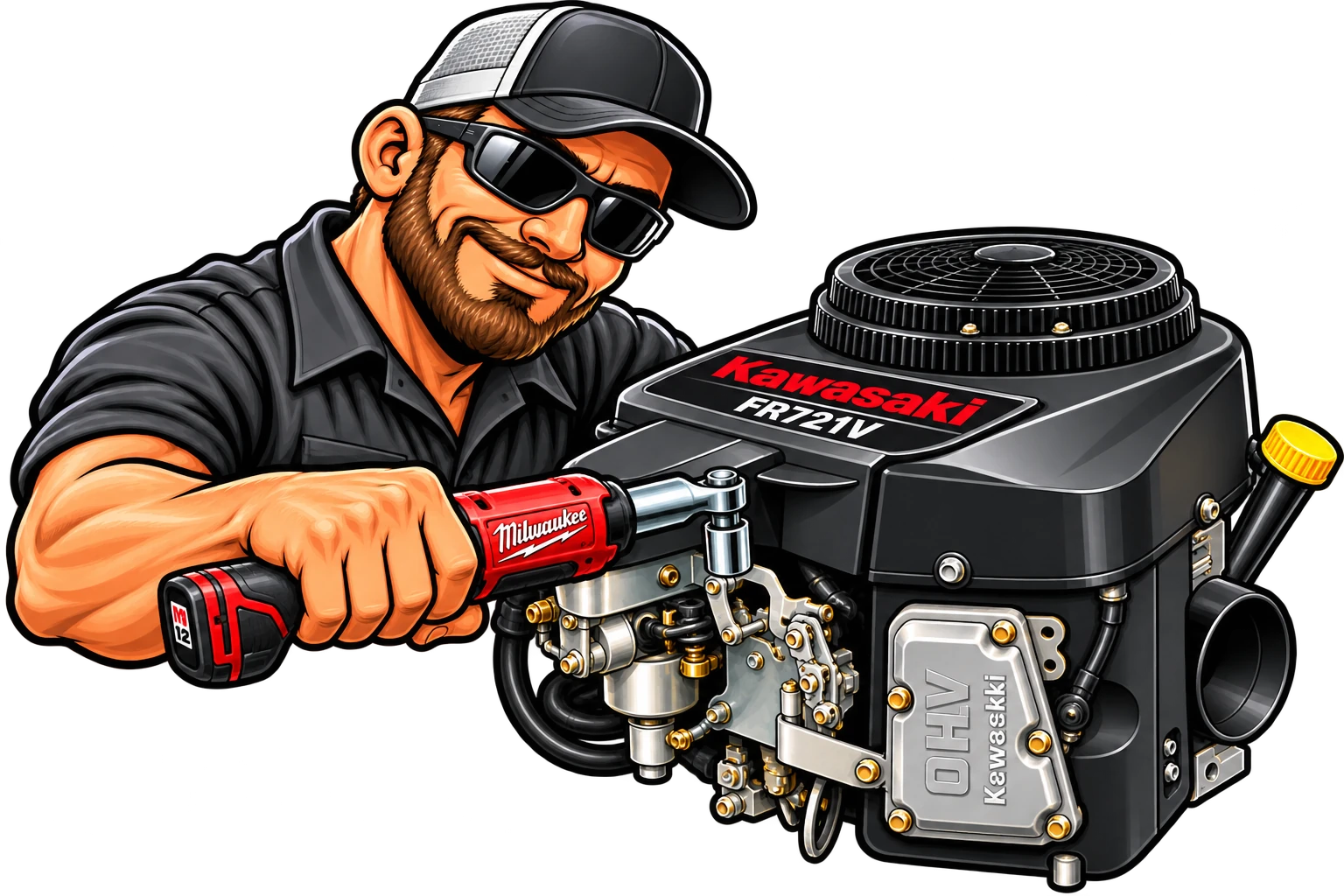 Mobile small-engine repair technician servicing a Kawasaki engine